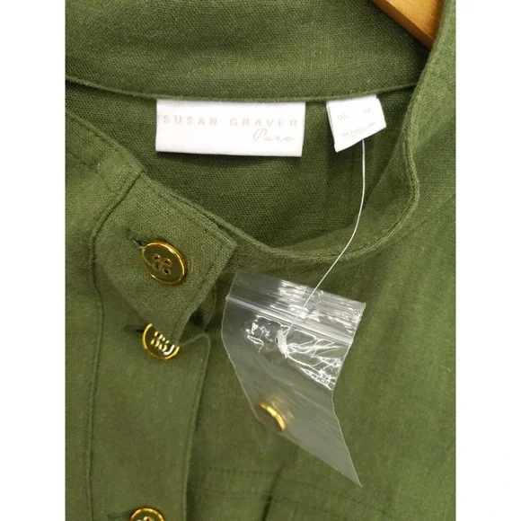 Susan Graver Pure Olive Green Linen Blend Mandarin Collar Button Up Shirt Top XL - Picture 8 of 10